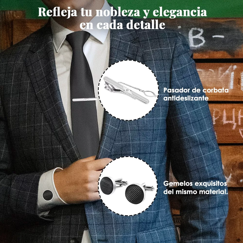 SET CORBATA, PAÑUELO SEDA, GEMELOS, CLIP, EN COLOR NEGRO - 6