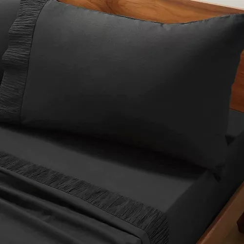 SÁBANAS 300 HILOS, 1.5 PLAZAS + FUNDA ALMOHADA, COLOR EN COLOR NEGRO - 3