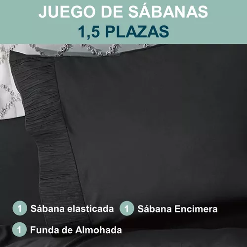 SÁBANAS 300 HILOS, 1.5 PLAZAS + FUNDA ALMOHADA, COLOR EN COLOR NEGRO - 4