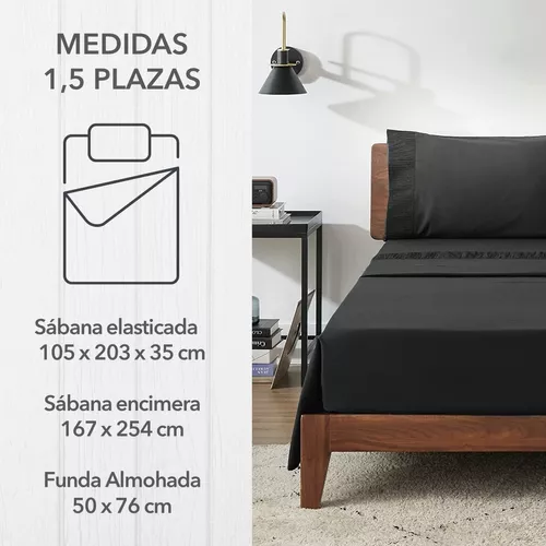SÁBANAS 300 HILOS, 1.5 PLAZAS + FUNDA ALMOHADA, COLOR EN COLOR NEGRO - 5