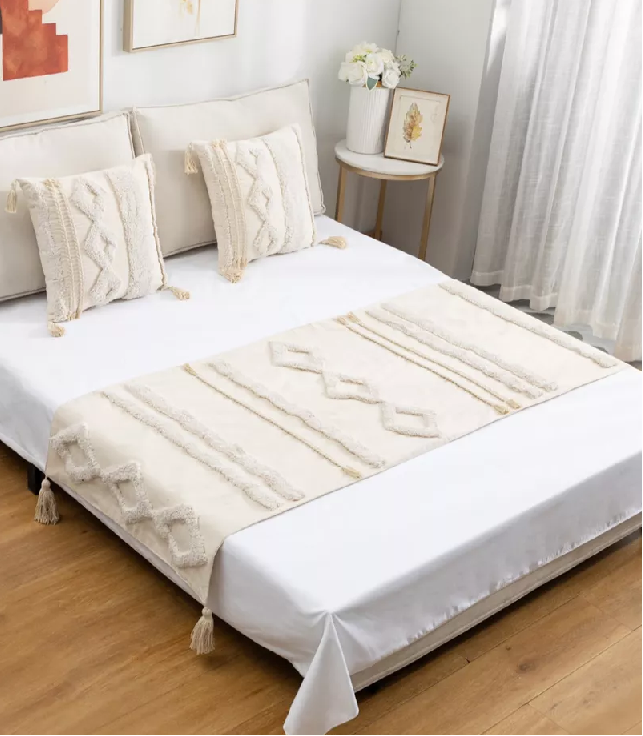 PIECERA DE CAMA DISEÑO BOHO 2P Y KING + FUNDAS DECORACIÓN BOHO RETRO COLOR CREMA - 3