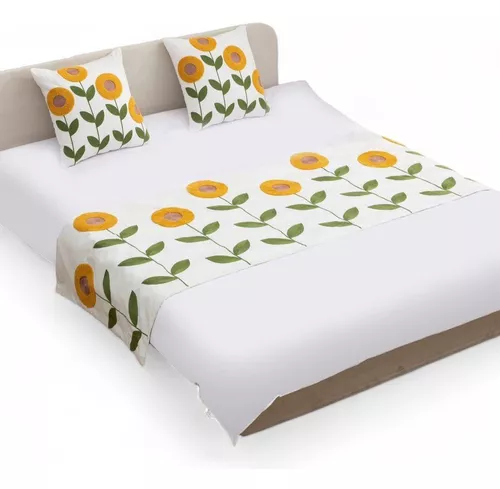 PIECERA BORDADA + 2 FUNDAS DE COJÍN DISEÑO FLORAL 8 COLOR EN COLOR BLANCO - 2