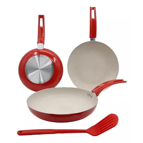 SET DE 3 SARTENES CON ESPÁTULA, ANTIADHERENTES, DISEÑO Y COCINA, COLOR EN COLOR ROJO - 1