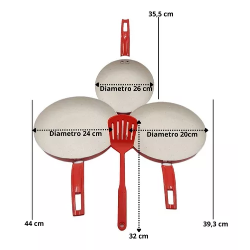 SET DE 3 SARTENES CON ESPÁTULA, ANTIADHERENTES, DISEÑO Y COCINA, COLOR EN COLOR ROJO - 3