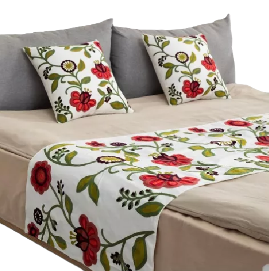 PIECERA BORDADA + 2 FUNDAS DE COJÍN DISEÑO FLORAL 1 COLOR EN COLOR BLANCO - 2
