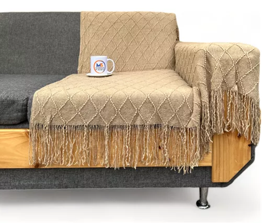 MANTA DECORATIVA TEJIDA PARA SILLÓN, PIECERA O CAMA COLOR BEIGE - 2