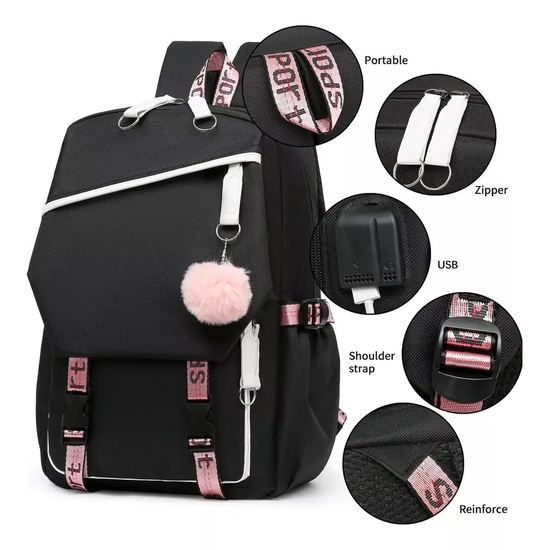 MOCHILA URBANA ESCOLAR CON INTERFAZ USB AUXILIAR COLOR EN COLOR NEGRO - 2
