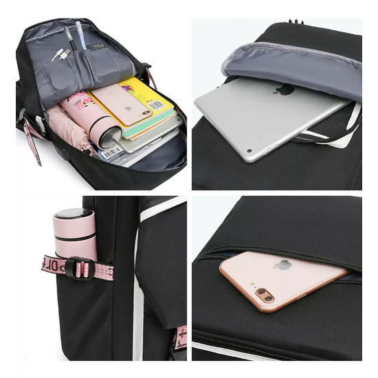 MOCHILA URBANA ESCOLAR CON INTERFAZ USB AUXILIAR COLOR EN COLOR NEGRO - 4