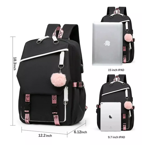 MOCHILA URBANA ESCOLAR CON INTERFAZ USB AUXILIAR COLOR EN COLOR NEGRO - 6