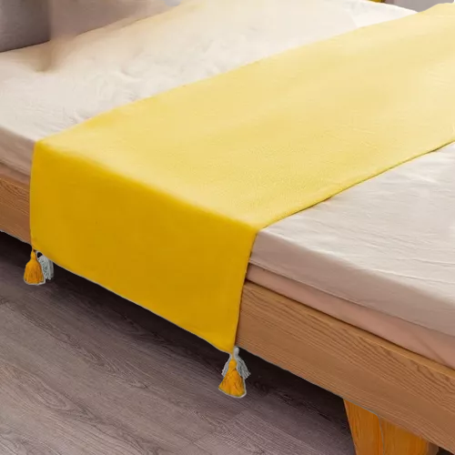 PIECERA PARA CAMA 2 PLAZA - KING EN LINO POMPONES 70X210 CM COLOR EN COLOR AMARILLO - 3