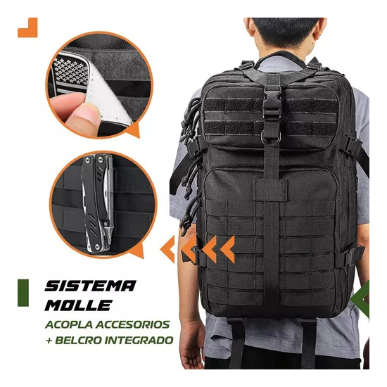 MOCHILA TÁCTICA MILITAR IMPERMEABLE COLOR EN COLOR NEGRO - 3