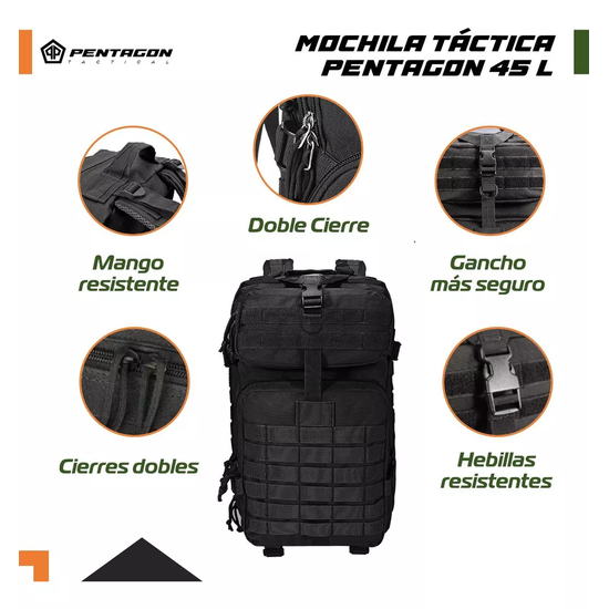 MOCHILA TÁCTICA MILITAR IMPERMEABLE COLOR EN COLOR NEGRO - 6