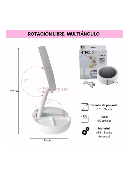 ESPEJO CON LUZ LED PARA MAQUILLAJE PLEGABLE Y AUMENTO X10 - 5