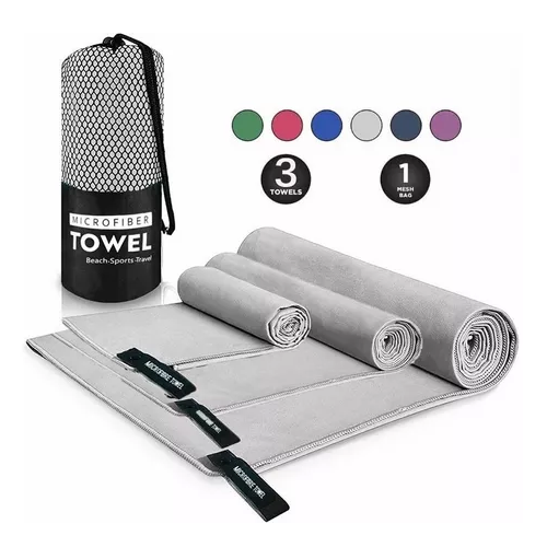 TOALLA DE BAÑO DE VIAJE DE MICROFIBRA, SECADO RÁPIDO, 3 PIEZAS, GRIS - 2