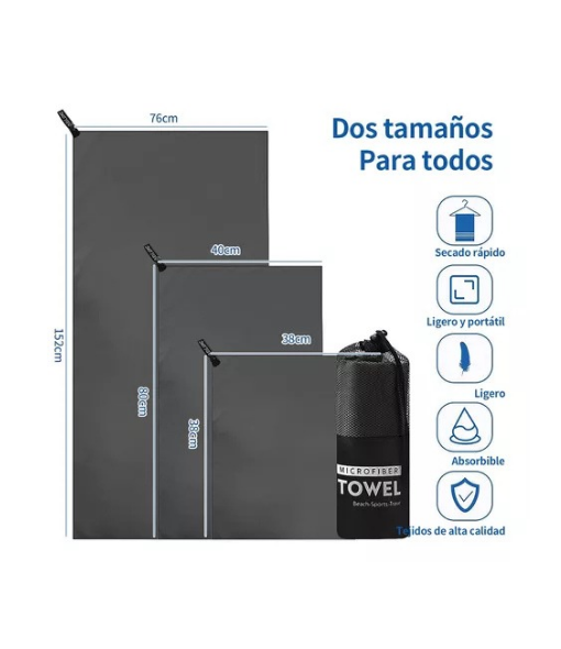 TOALLA BAÑO VIAJE MICROFIBRA SECADO RÁPIDO, PCS GRIS OSCURO - 2