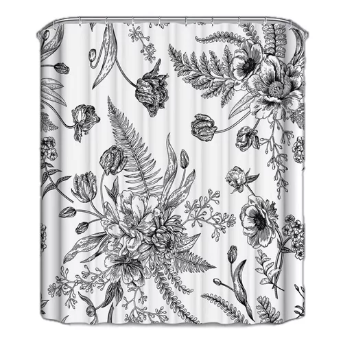 CORTINA DE BAÑO Y DUCHA, TELA IMPERMEABLE, BLANCA CON FLORES - 1