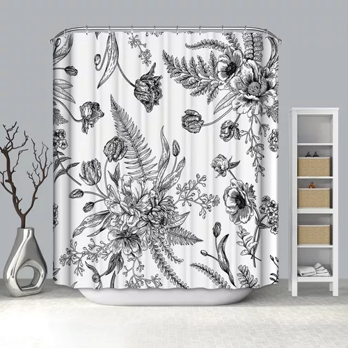 CORTINA DE BAÑO Y DUCHA, TELA IMPERMEABLE, BLANCA CON FLORES - 2