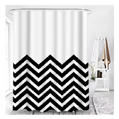 CORTINA DE BAÑO Y DUCHA, TELA IMPERMEABLE, BLANCA CON ONDAS NEGRAS - 1