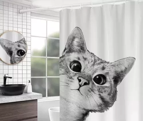 CORTINA DE BAÑO Y DUCHA, TELA IMPERMEABLE, GATO - 2