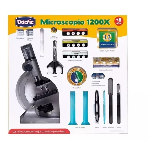 MICROSCOPIO 1200X CON ACCESORIOS, COLOR PLATEADO - 1