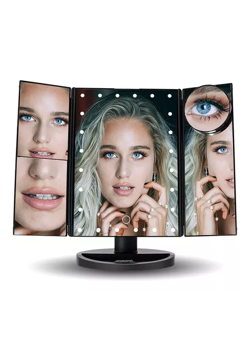 ESPEJO MAQUILLAJE 22 LUCES LED AUMENTO X1, X2, X3, X10 GIRATORIO NEGRO - 5