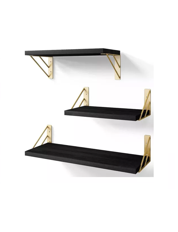 REPISAS FLOTANTES DE MADERA MULTIPROPÓSITO KIT 3 NEGRO CON DORADO - 2