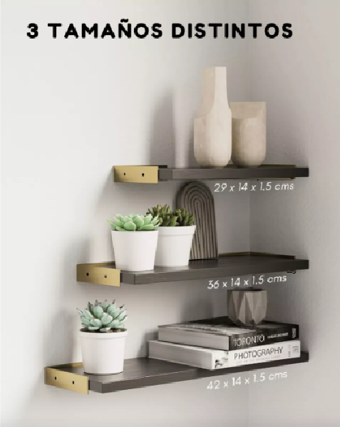 REPISAS FLOTANTES DE MADERA MULTIPROPÓSITO KIT 3 NEGRO CON DORADO - 3
