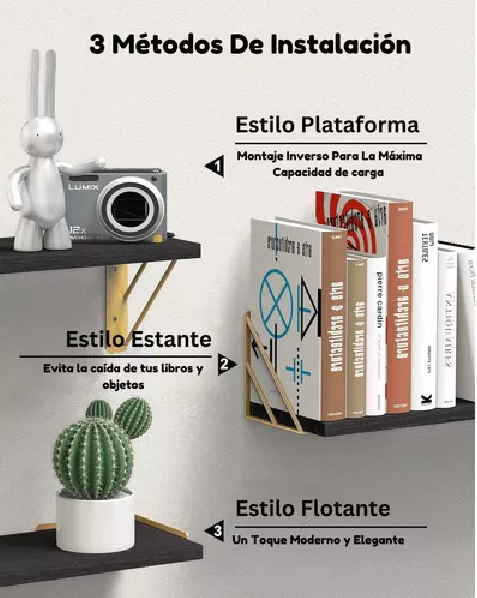 REPISAS FLOTANTES DE MADERA MULTIPROPÓSITO KIT 3 NEGRO CON DORADO - 5