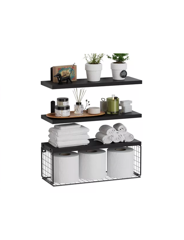 REPISAS FLOTANTES DE MADERA MODERNAS X3 CON REJA 100% PINO NEGRO - 1
