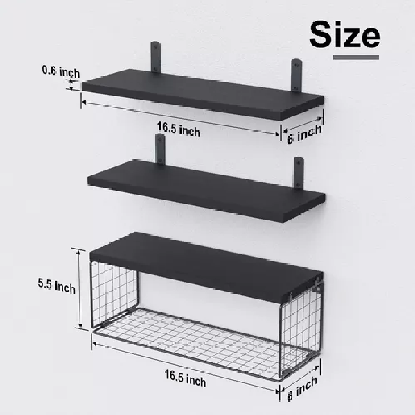 REPISAS FLOTANTES DE MADERA MODERNAS X3 CON REJA 100% PINO NEGRO - 2