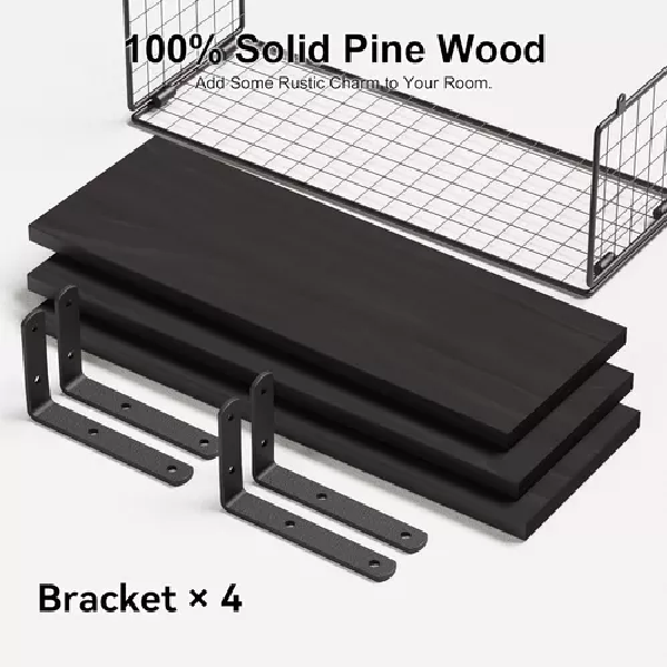 REPISAS FLOTANTES DE MADERA MODERNAS X3 CON REJA 100% PINO NEGRO - 3
