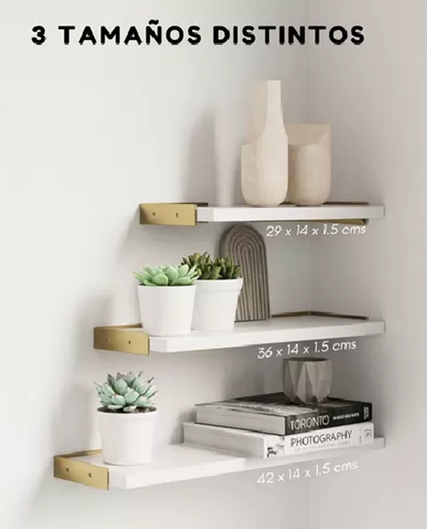 REPISAS FLOTANTES DE MADERA MULTIPROPÓSITO KIT 3 BLANCO CON DORADO - 3
