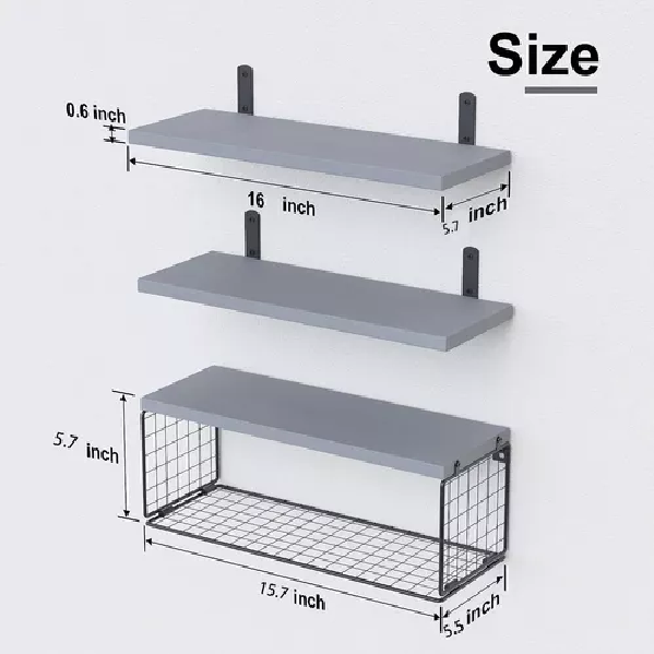 REPISAS FLOTANTES DE MADERA MODERNAS X3 CON REJA 100% PINO GRIS - 2