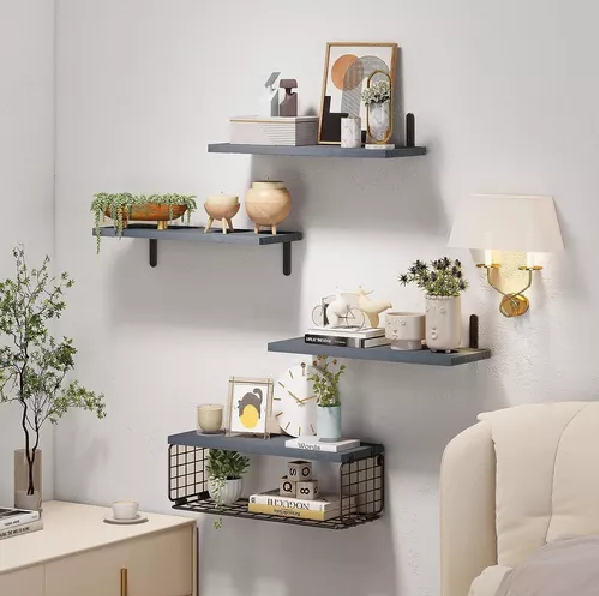 REPISAS FLOTANTES DE MADERA MODERNAS X3 CON REJA 100% PINO GRIS - 4