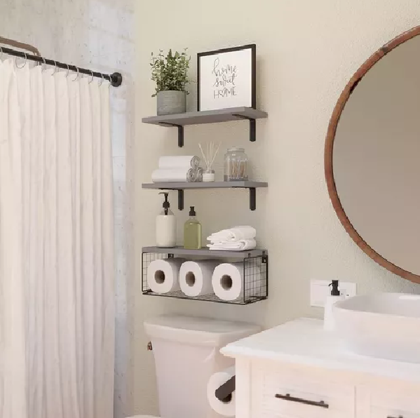 REPISAS FLOTANTES DE MADERA MODERNAS X3 CON REJA 100% PINO GRIS - 5