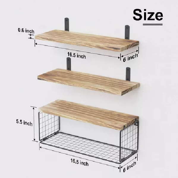 REPISAS FLOTANTES DE MADERA MODERNAS X3 CON REJA 100% PINO CAFÉ CLARO - 2