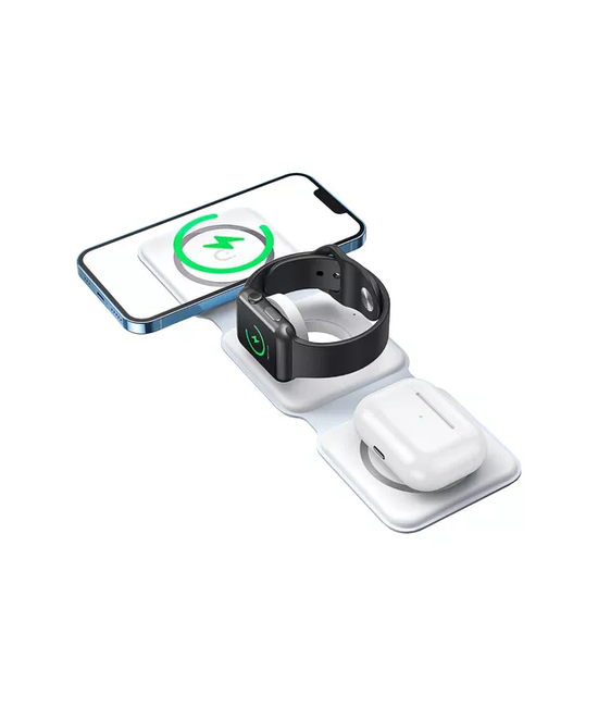 CARGADOR RÁPIDO INALÁMBRICO PARA IPHONE, WATCH Y AIRPODS 3 EN 1, COLOR BLANCO - 1