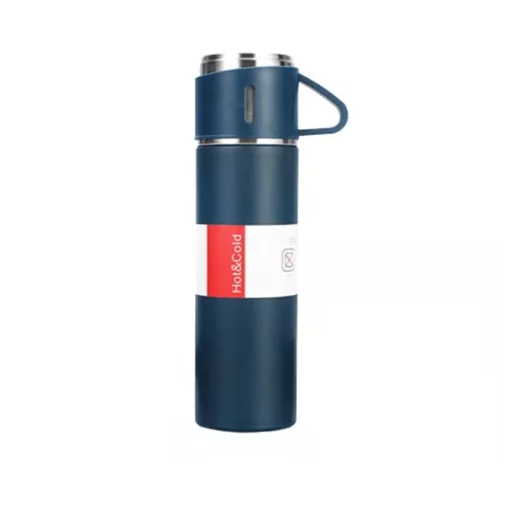 TERMO DE 500 ML CON TAZA PARA TÉ Y CAFÉ, ACERO INOXIDABLE, AZUL OSCURO - 1