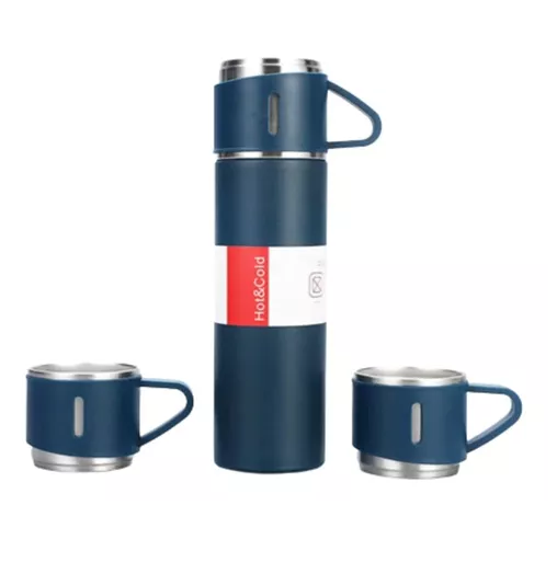 TERMO DE 500 ML CON TAZA PARA TÉ Y CAFÉ, ACERO INOXIDABLE, AZUL OSCURO - 2