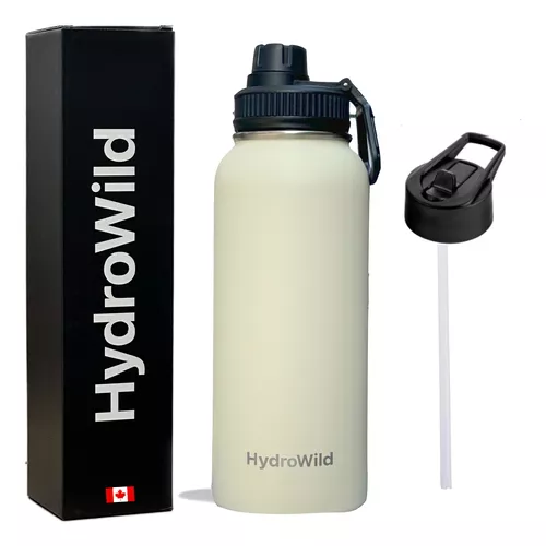 BOTELLA TÉRMICA DE 1 LITRO, INOXIDABLE, HYDROWILD, 1000 ML, CON TAPAS, COLOR MARFIL - 1