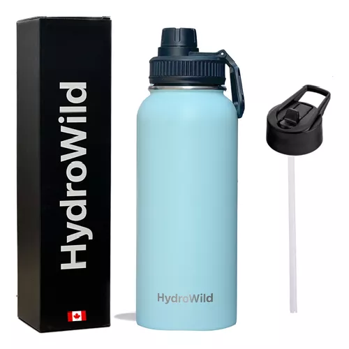 BOTELLA TÉRMICA DE 1 LITRO, INOXIDABLE, HYDROWILD, 1000 ML, CON TAPAS, COLOR CELESTE - 1