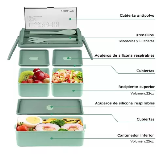 LUNCH BOX 2 NIVELES FIAMBRERA DESMONTABLE CON CUBIERTOS - 2