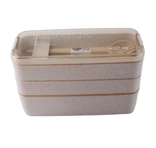LONCHERA DE COMIDA DE 3 NIVELES CON CUCHARA Y TENEDOR, 900 ML, COLOR BEIGE - 1