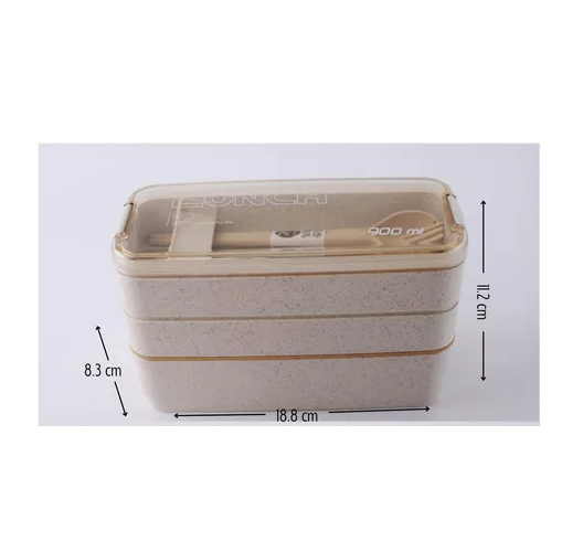 LONCHERA DE COMIDA DE 3 NIVELES CON CUCHARA Y TENEDOR, 900 ML, COLOR BEIGE - 2