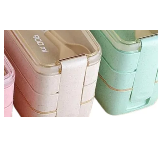LONCHERA DE COMIDA DE 3 NIVELES CON CUCHARA Y TENEDOR, 900 ML, COLOR BEIGE - 3