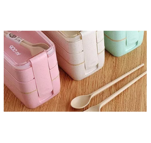 LONCHERA DE COMIDA DE 3 NIVELES CON CUCHARA Y TENEDOR, 900 ML, COLOR BEIGE - 4