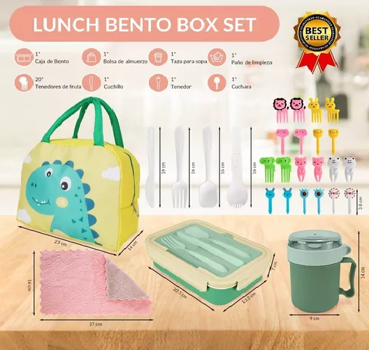 BOLSO LONCHERA TÉRMICA ESCOLAR, SET DE 28 PIEZAS PARA NIÑOS, PORTÁTIL, COLOR VERDE - 3