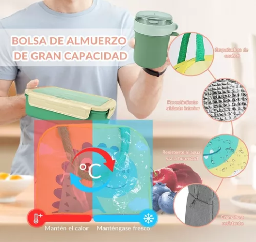 BOLSO LONCHERA TÉRMICA ESCOLAR, SET DE 28 PIEZAS PARA NIÑOS, PORTÁTIL, COLOR VERDE - 5