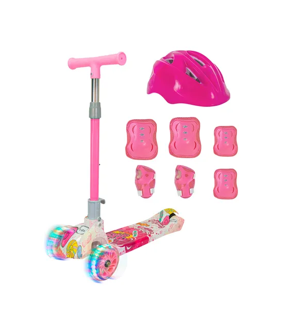 MONOPATÍN LUCES T-GO RUEDAS + CASCO Y PROTECCIONES ROSADO - 1