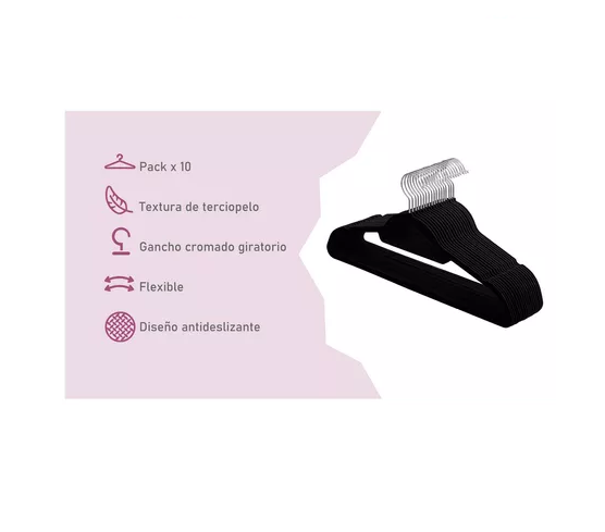 PACK DE 10 PERCHAS TERCIOPELO ANTIDESLIZANTES COLOR EN COLOR NEGRO - 6